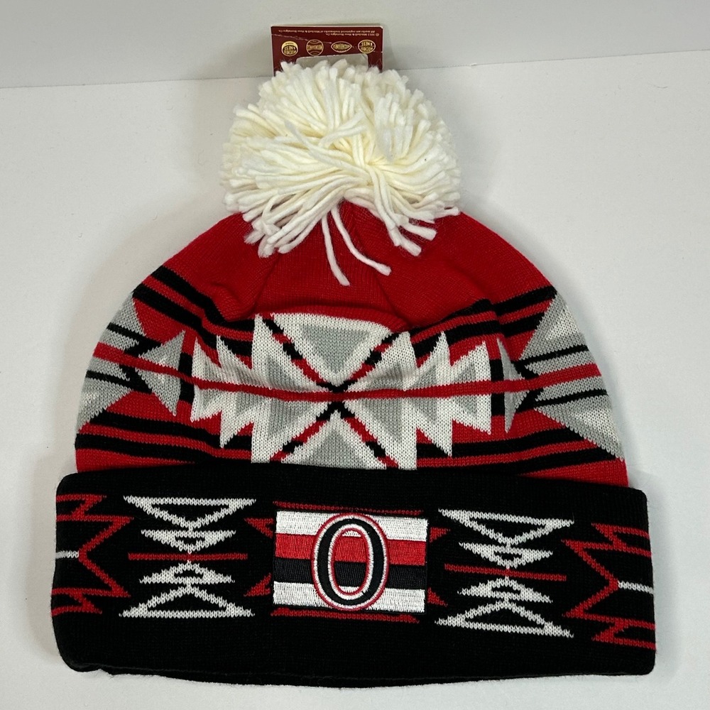 Mitchell & Ness Ottawa Senators NHL Beanie Red Black White Geometric Pom Hat NEW